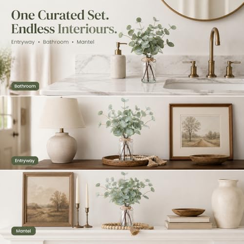 5 Pcs Rustic Farmhouse Decor Set Wooden Decorative Tray, Solid Wood Bead, Glass Vase, Faux Eucalyptus Stems and Jute Rope, Farmhouse Coffee Table Decor for Home Office, Bathroom, and Wedding