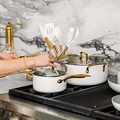 Gold Kitchen Utensils Set – 6 PC White Silicone and Gold Cooking Utensils with Spatula, Whisk, Tongs, Spoons, Cooking Tools for Nonstick Cookware – Luxury Kitchen Accessories for Home Chefs | White Silicone and Gold Cooking Utensils with Spatula, Whisk, T