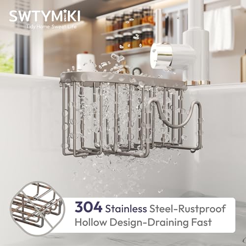 SWTYMIKI Sponge Holder for Kitchen Sink - Movable Kitchen Sink Caddy with M Shape Hook, Stainless Steel Hanging Sponge Caddy for Dish Sponge, Brush, Stopper Organizer in Double Sink, Sand Nickel - color: Sand Nickel-regular