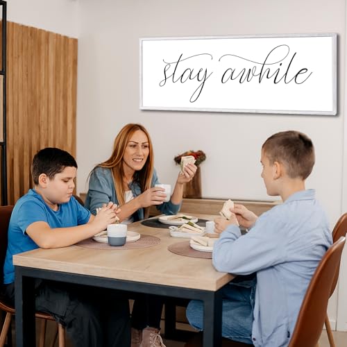 Rutiyoka Stay Awhile Sign Framed Farmhouse Dining Room Wall Decor Large 42"×15" Wood Kitchen Wall Art White - color: stay awhile (white frame)