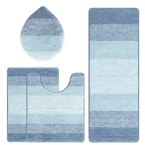 Bsmathom Bathroom Rug Set 4 Piece, Plush Microfiber Bath Mat, Dusty Blue | Extra Water Absorbent, Non Slip Washable Runner Bath Rugs with Toilet Lid Cover and U-shaped Contour Toilet Mat - color: Dusty Blue, size: 18"x26"+18"x48"+U20"x24"+Cover19"x21"
