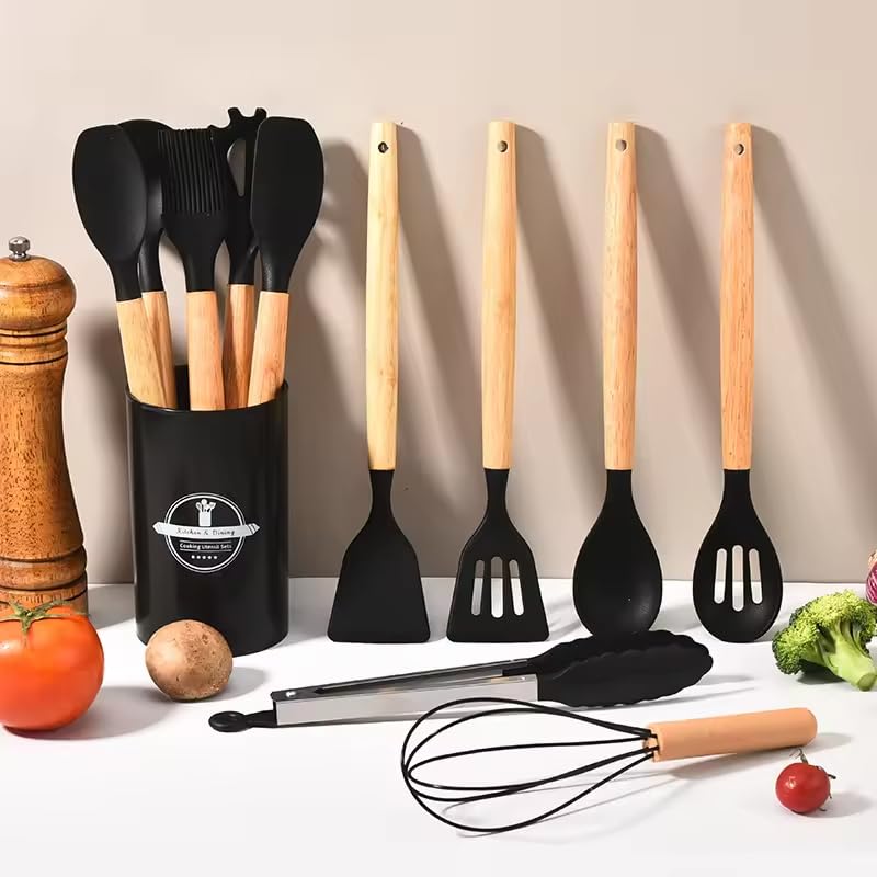11 Piece Silicone Kitchen Utensil Set with Holder Heat Resistant Non Stick Cooking Tools with Wooden Handles Spatula Spoon Pasta Server Tongs Whisk Brush Black (Black) - color: Black
