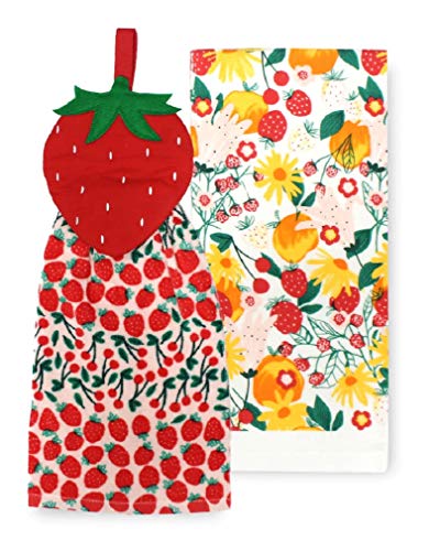 Spring Strawberry Floral Tie-Top Cotton Kitchen Dish Towels, 2-Pack