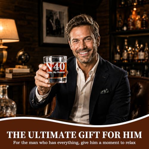 40th Birthday Gifts for Men, Vintage Whiskey Glass Set with Granite Stones | 40th Birthday Party Supplies Gifts for Him, Dad, Husband, "N°40 Fabulous Sip Happens" Scotch Glass, Pipette, Tongs&Wooden Box - style: 40th Mens Gifts