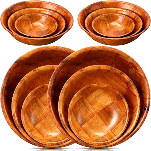 Didaey 12 Pcs Wooden Salad Bowl Set Wooden Bowls for Snack Wood Stackable Round Serving Woven Bowl for Kitchen Meal Party and Salad Fruit Vegetable Snack, 6/8/10 Inch