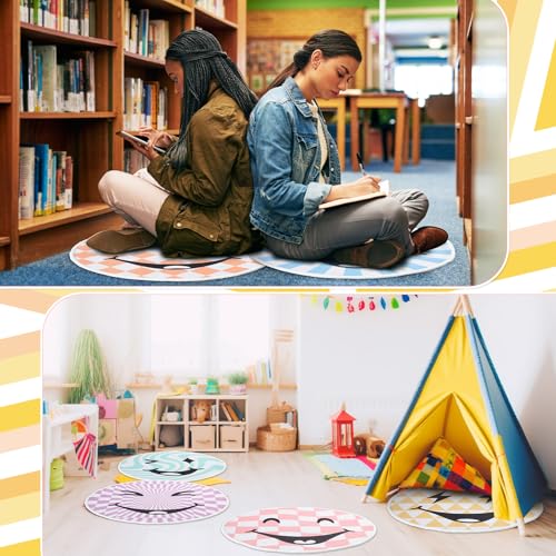12 Pcs Carpet Circle Seats, 15 Inch Round Classroom Rug, Non Slip Corner Floor Cushion Mat, Circle Time Rug for Living Room, Learning, Playing Areas, Story Time, Group Activity(Happy Face) - style: Happy Face