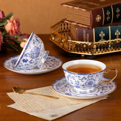 KAMMAK Tea Cups and Saucers Set of 2, Porcelain Coffee Cups, JBE023 | Stackable Espresso Mugs, Ceramic Demitasse for Coffee, Cappuccino, Latte, Americano, Tea - size: 8CZJBE023