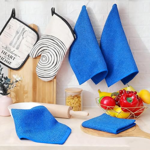 100% Cotton Waffle Weave Kitchen Dish Cloths, 6 Pack Ultra Soft Absorbent, Quick Drying Dish Towels, 12x12 Inches, Dish Rags for Drying Dishes & Daily Kitchen Use (Blue - color: Blue