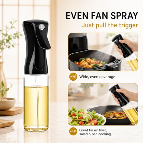 Oil Sprayer for Cooking, 240ml Glass Olive Oil Sprayer, Fine Mist Spray Bottle for Air Fryer, Nonstick Frying, Salad, BBQ, Refillable Kitchen Oil Dispenser PS889B (240ml Black Head)