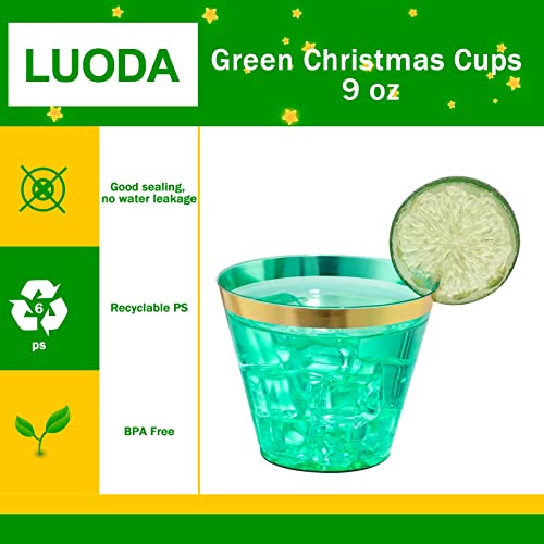 150 PCS Green Plastic Cups,9oz Clear Green Disposable Cups with Gold Rim | Old Fashioned Tumblers Gold Rimmed Green Plastic Cups,Unbreakable cups for Any occasion: Weddings, Parties, Business Events - color: Green
