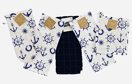 Summer Kitchen Pot Holder Oven Mitt Dish Towel Set: Fun Navy White Nautical Anchor Captains Wheel Design, 5 pc Set (Nautical) - color: Anchor Set