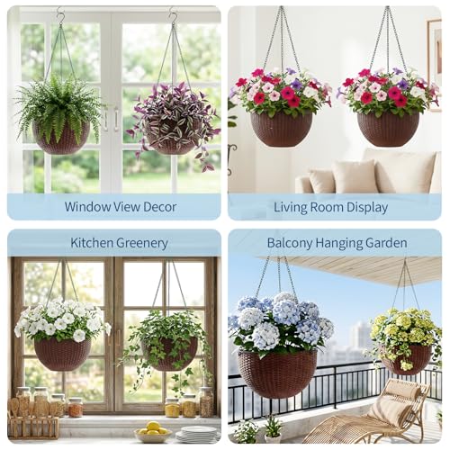 13.8 Inch Self Watering Hanging Planter, 2PCS Round Resin Hanging Basket for Indoor Outdoor Plants, Rattan Look Flower Pot with Drainage Plug, Deep Inner Pot and Sturdy Metal Triple-Chain Hanger - color: Coffee Brown