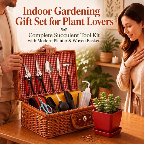 Repotting Mat and Planting Tools, Indoor Plants, Wicker Basket | All-in-one succulent repotting set, pruning shears, snap-corner mat, wicker storage, indoor gardening gift set