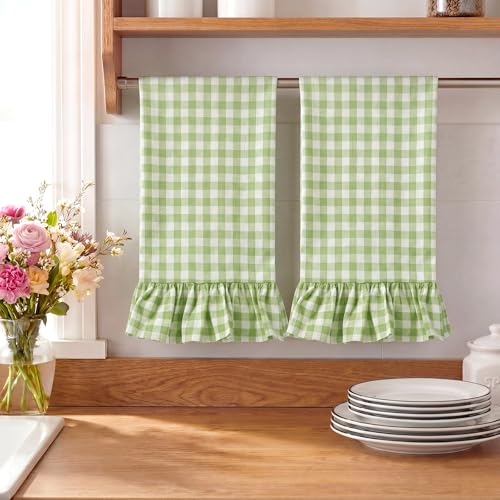 HunnmingRe Mint Green Kitchen Towels Set of 2, 100% Cotton Ruffled Gingham Dish Towels 18"x28" Tea Cloths Classic Plaid Pattern for Farmhouse Charm, Drying Dishes, Entertaining Guests - color: Mint Green, style: Gingham