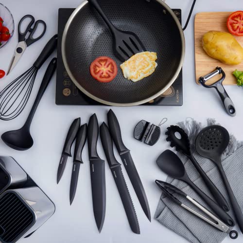 Kitchen Utensils Set,18-Piece Cooking Utensils and Knife Set,Black | Food-grade Silicone Heat-safe to 410°F, Detachable Stainless Steel Holder, 5 Kitchen Knives and Cutting Board All-in-one - color: Black