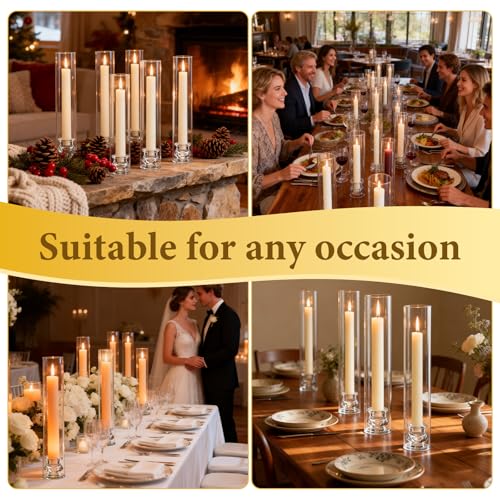 16 Set Clear Glass Hurricane Candle Holders, 12.5" Open Ended Bottomless Windproof Cylinder & 2.1" Taper Candlestick Holders for Wedding Party Home Hotel Decor