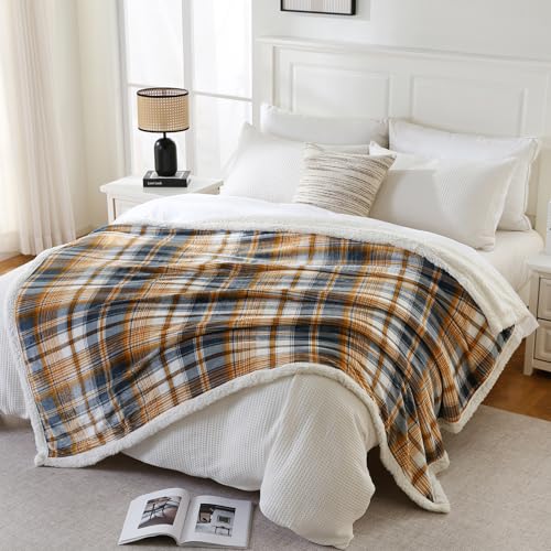 PU MEI Sherpa Blanket Queen Plaid Thick Bed Blanket, 80”*90” Super Soft Flannel Fuzzy Fleece Reversible Velvet Plush Warm Blanket for Couch (Blue Yellow Check) - color: Blue Yellow Check, size: 80"*90"