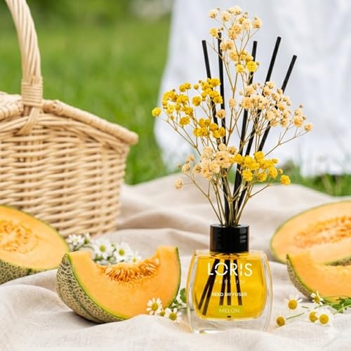 Loris Melon Reed Diffuser Set with Dried Flowers | Reed Diffusers for Home with Sticks | Bathroom Diffuser & Room Scent | Long-Lasting Home Fragrance | 120 mL / 4.06 fl oz - color: Melon
