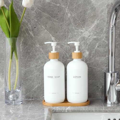 Bathroom Soap Dispenser Set, White | Bamboo Pumps & Tray, Lotion Dispenser, Hand Soap Dispenser, Bathroom Counter Decor - color: Hl White