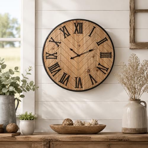 Kenning Farmhouse Wall Clock for Living Room Decor, Rustic 24'' Wall Clock | Large Decorative Wall Clock with Brown Wooden Face & Black Metal Frame, Silent Battery Operated for Kitchen Bedroom Entryway - size: 24 Inch