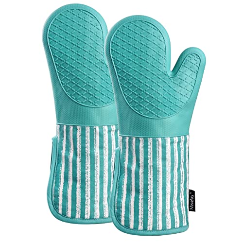 Alselo Silicone Oven Mitts Heat Resistant 932℉ with Waterproof & Non-Slip | Kitchen Mittens Set of 2,Extra Long 7.5"x15" Oven Gloves with Soft Cotton Terry Lining for Baking Cooking BBQ(Green,2) - color: Green