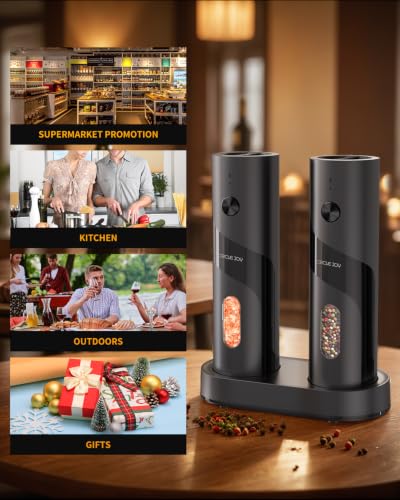 CIRCLE JOY Electric Rechargeable Salt and Pepper Grinder Set Top-Refill Automatic Pepper Mill Grinder with Charging Base, Adjustable Coarseness, Easy Filling Larger Capacity with Led for Home Kitchen - color: Black