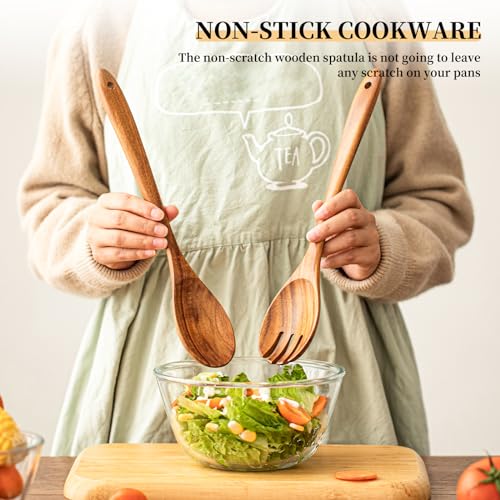 Gudamaye Acacia Wooden Salad Server Set,13 inch Salad Tongs for Serving including Salad Mixing Dinner Fork and Spoon,Long Handle Salad Server Set - color: Acacia