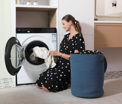 16"x20" Extra Large Cotton Rope Basket with Zipper Lid, Woven Laundry Hamper and Blanket Storage Basket, Round Clothes Bin for Living Room Bedroom, Denim Blue - color: All Dark Blue