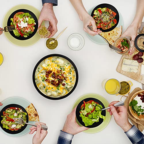 ECOWAY Bamboo Fiber Salad Bowl Set,Large Mixing Bowl with Natural Bamboo Lid and Utensils,4 Serving Bowls,Spoon,Fork and Fabric Bag for Salad,Soup,Vegetables,Pasta and Fruits(Black,9.8inches) - color: Black with serving bowls