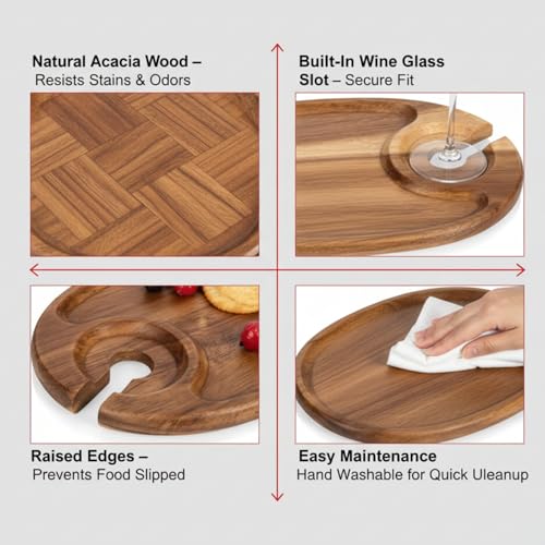 6-Piece Acacia Wood Wine Appetizer Plate Set with Wine Glass Slot 9 x 6 x 0.5 Inch Individual Charcuterie Boards Mini Cheese Board and Snack Tray for Parties Gifts