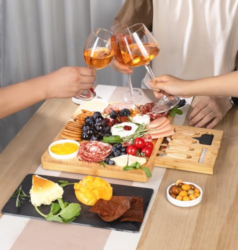 Charcuterie Board Gift Set with Large Embedded Removable Slate Serving Tray House Warming Gift New Home, Wedding Gifts for Couple, Bridal Shower Gift (Large Slate Charcuterie Board Set) - size: Large Slate Charcuterie Board Set