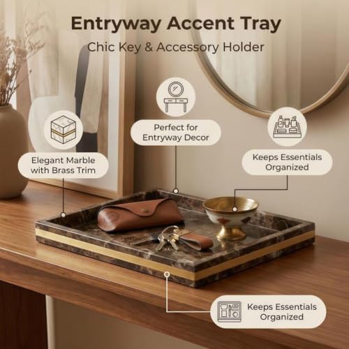 Brown Marble Vanity Tray, 12" x 8" Stone Bath Counter Organizer | Genuine Brown Marble, Warm Chocolate Veining, 12 x 8 Inch, for Perfume and Skincare, on Vanity and Kitchen Counter - color: Brown
