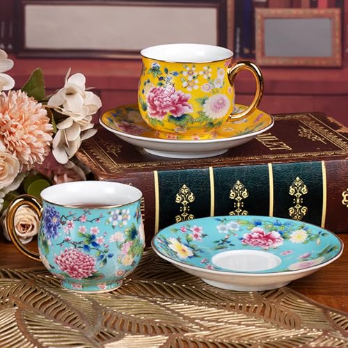 KAMMAK Tea Cup and Saucer, Ceramic Coffee Cups, 7.1 oz, Set of 2 | Porcelain Tea Cups with Saucers for Coffee and Cappuccino, Ideal for Breakfast, Afternoon Tea and Entertaining,940+941N - style: 940N+941N
