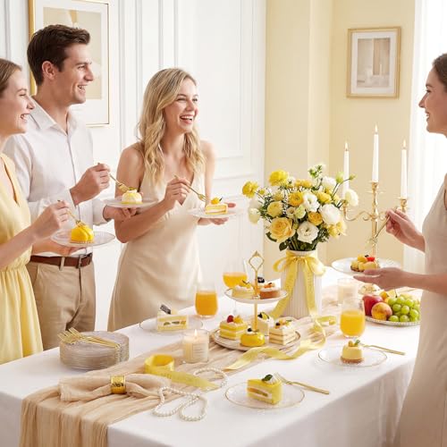 Rubtlamp 200 Pcs Clear Gold Dessert Plates with Forks, 6 inch Hammered Gold Small Disposable Plates, Fancy Appetizer Platos Include 100 Cake Plate,6 inch 100 gold Forks for Birthday, Wedding, Teatime - color: Clear gold