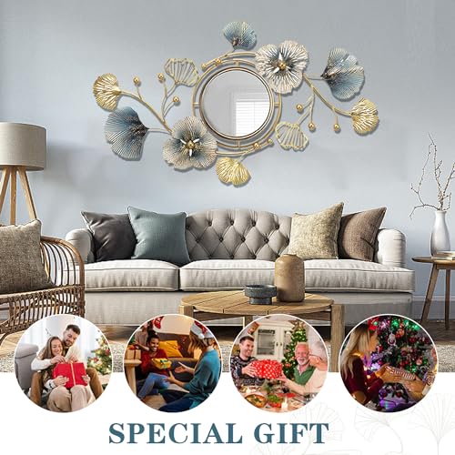 Metal Wall Mirrors Decor, 59" x33” Large Ginkgo Leaf Wall Art | Decorative Wall-Mounted Mirror, 3D Creative Modern Ginkgo Leaves Flower Big Wall Hanging Mirror, for Living Room (59X33 Inch)