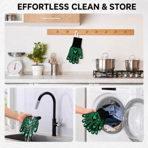 IGNISGUARD® BBQ Gloves, Heat Resistant Grill Gloves, 1 Pair, Green (M) | EN407:2020 tested with textured silicone grip, three-layer construction and long knit cuff for added wrist coverage. - color: Green, size: Medium