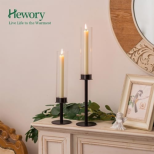 Hewory Black Candlestick Holders Hurricane Candle Holder, 12Pcs Candle Stick Candle Holder Candelabra, Taper Candle Holders with Glass Candle Cover for Wedding Table Centerpiece Christmas Decor | Elegant Tall Taper Candle Holders at 3 different heights, T