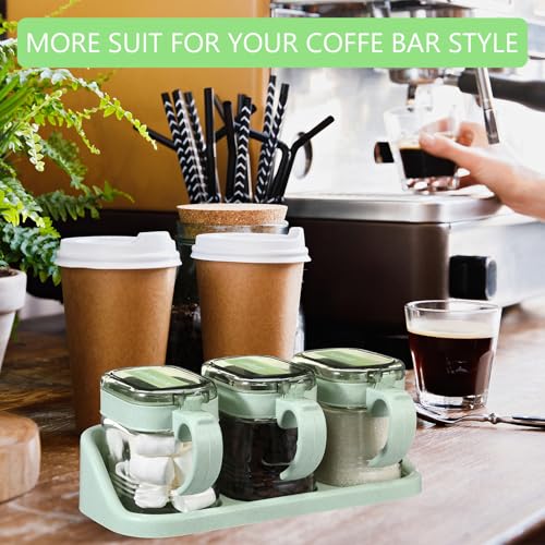 3 Pcs Sugar Coffee Container Set 16 oz Glass Condiment Jar Spice Container Coffee Station Organizer Set with Label Stickers Scoop for Bean and Sugar Candy, Oats, Nuts(Green) - color: green