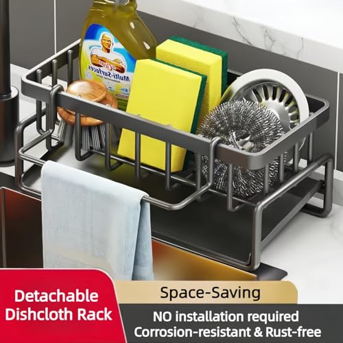 Carbon Steel Kitchen Sink Caddy, Sponge Holder Self Drain Soap Dish with Detachable Dishcloth Rack for Kitchen Countertop Organizer, Black - color: Black
