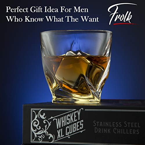 4 XL Stainless Steel Whisky Ice Cubes, Special Tongs & Freezer Pouch in Luxury Gift Box for Whiskey Lovers!