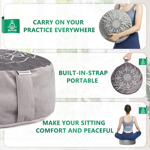 Hihealer Meditation Cushion, Traditional Tibetan Meditation Pillow Velvet Cover - Large Floor Cushion Seating for Adults - Yoga Buckwheat Bolster for Women、Moms - color: Calmly Grey & White