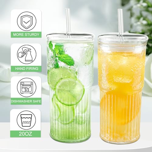 Luiaiog Glass Cups with Lids and Glass Straws, High Borosilicate 20OZ Tumblers (2Pcs) for Coffee, Tea, Juice, Smoothies, Hot/Cold Drinks at Home, Office(Creative Drink Label Design) - color: Creative Label 2pcs 20oz