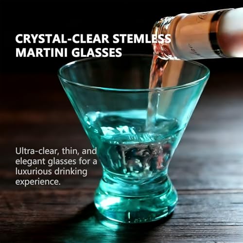 Set of 6 Plastic Stemless Martini Glasses 9 oz, Heavy Base Stable Cocktail/Drink/Juice/Red Wine Glasses, Fits Ice Cream/Milkshakes, Dishwasher Safe, Ideal for Home Party (Teal) - color: Teal