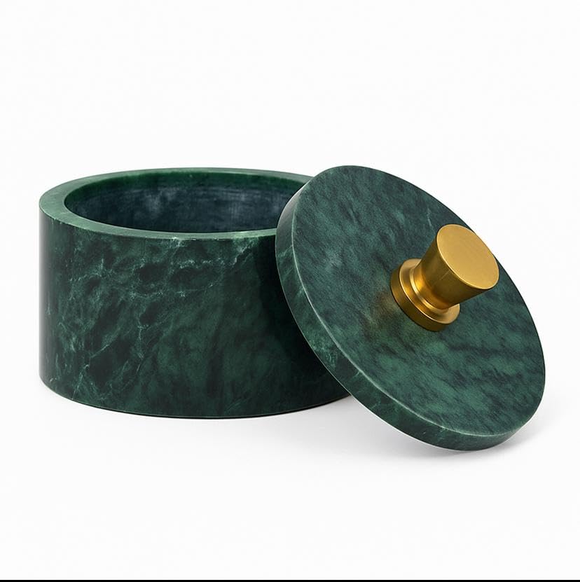 Marble Salt Cellar with Lid and Golden Knob | Natural Stone Salt Box for Kitchen Counter and Dining | Marble Spice Jar Holder for Cooking, Tabletop, and Countertop Storage (4X3.5 Inch, Green) - color: Green with Golden Knob