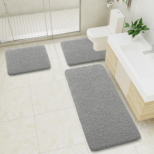 LOCHAS Bathroom Rugs Sets 3 Piece, Long Bath Mat Set Non Slip, Grey | Washable Absorbent Toilet Rug, Shaggy Soft Cozy Quick Dry - color: Grey, size: 48" x 20" + 24" x 17" + U Shape 24" x 20"