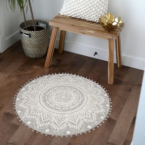 Uphome Small Round Rug 2.3’ Grey Mandala Boho Bathroom Rugs with Pom Poms Fringe Washable Circle Shower Mat Soft Non-Slip Cute Circular Throw Rug for Sink Powder Room Bedroom Kids Room Nursery - color: Gray-upgraded, size: 2.3' Round