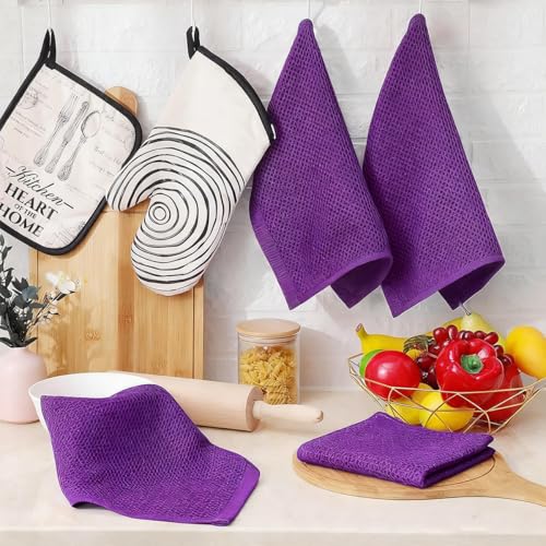 100% Cotton Waffle Weave Kitchen Dish Cloths, 6 Pack Ultra Soft Absorbent, Quick Drying Dish Towels, 12x12 Inches, Dish Rags for Drying Dishes & Daily Kitchen Use (Purple) - color: Purple
