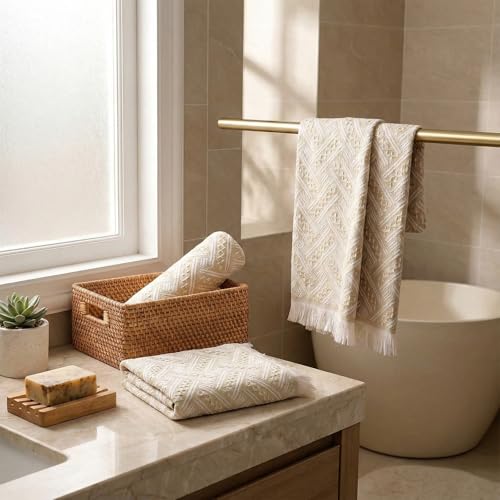 4-Pack Cotton Bathroom Hand Towels – Boho Cotton Hand Towel Set with Jacquard Weave & Fringe, 13"x29.1" Absorbent Soft Face Set for Kitchen, Bathroom, Guest Tea Gift (Brown, White) - color: Brown,white