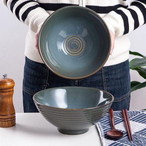 Ceramic Japanese Ramen Bowl Set, 2 Sets Asian Pho Udon Soup Noodle Bowls with Spoons and Chopsticks (Olive Green, 8 inches) - color: Olive Green