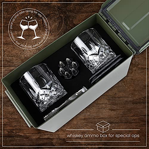 Whiskey Glasses and Stones in Unique Tactical Box Display | Bourbon Cocktail Cups, Coasters and Tongs | Gifts for Men | Glass Set